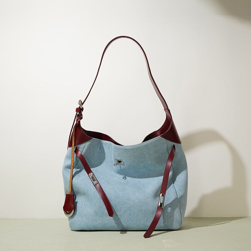 Denim & Cowhide Large Shoulder Tote Bag